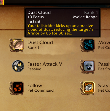 Pet spellbook showing Dust Cloud Rank 1 and Faster Attack V.