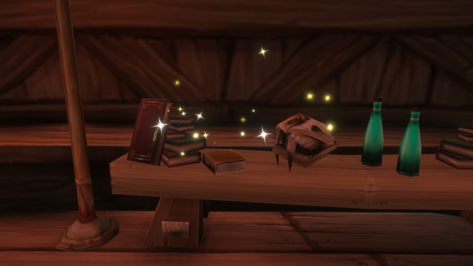 Glowing collectible books on a wooden table in World of Warcraft: Forever