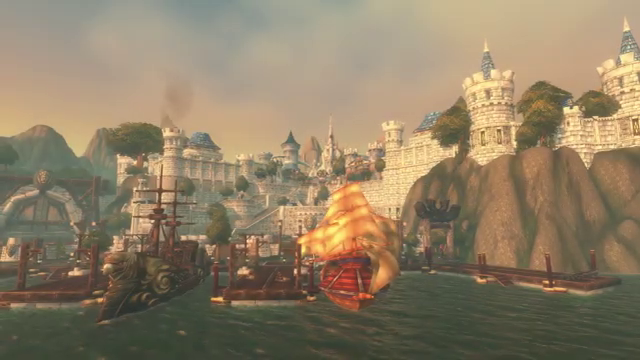 A ship and piers below Stormwind’s walls in Blizzard’s WoW Forever video